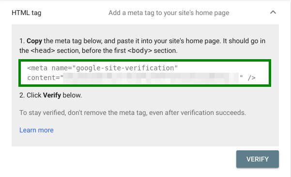 google search console verify ownership meta tag